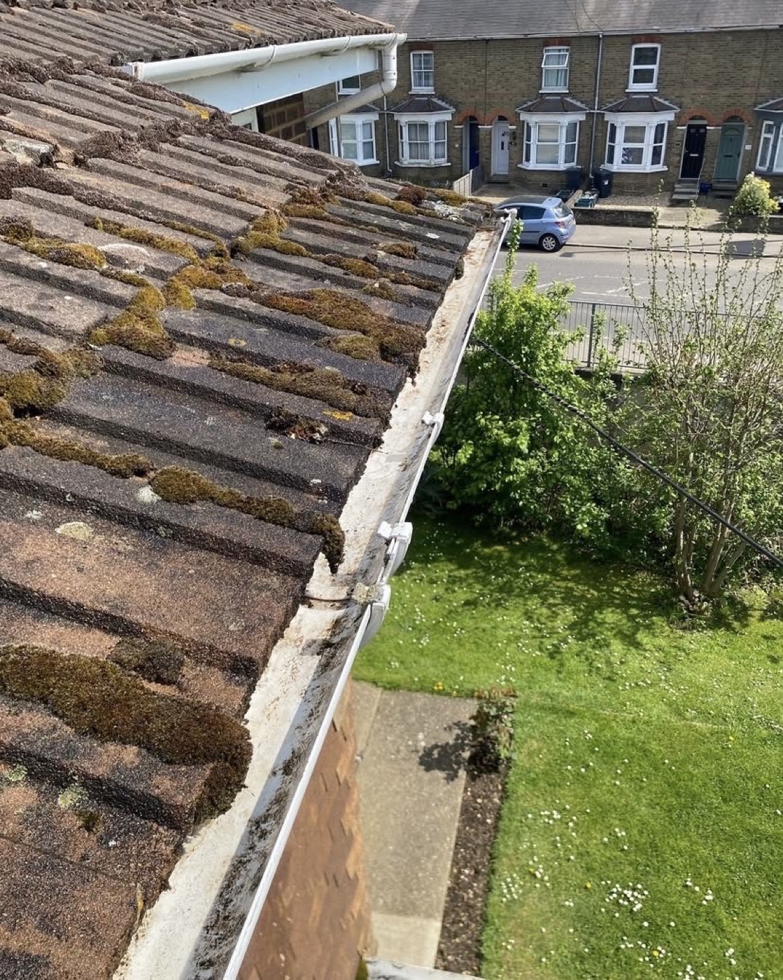 After gutter clearance showing cleared gutter run beside tiled roof