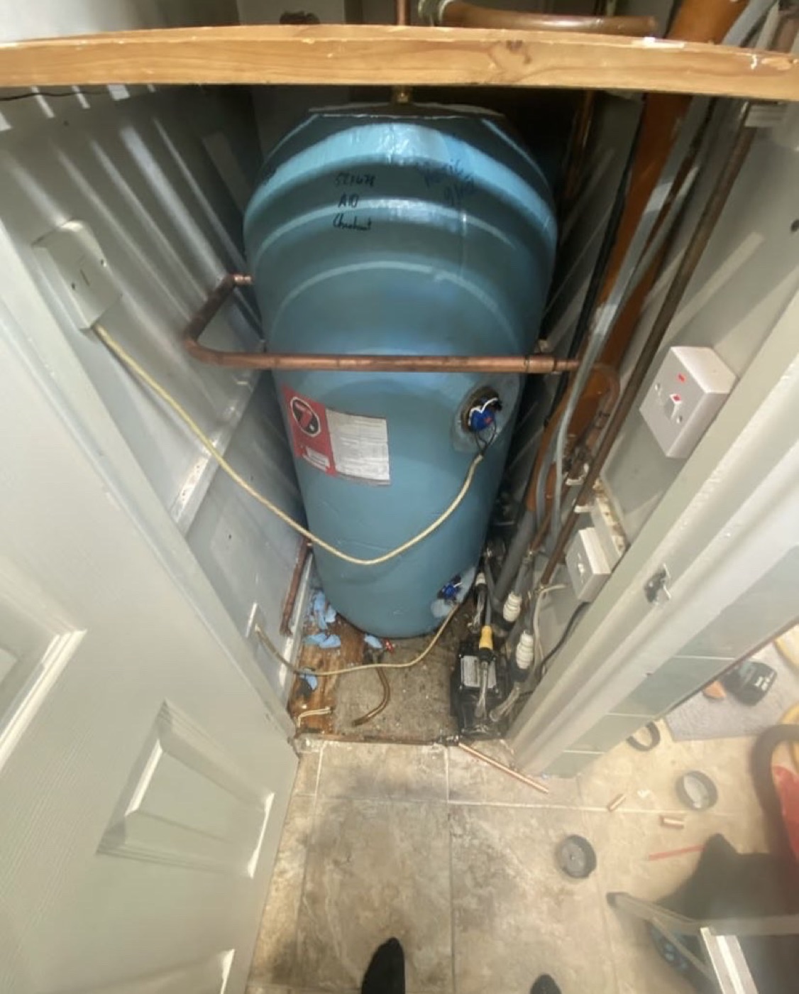After hot water cylinder replacement with new blue cylinder and copper pipework installed